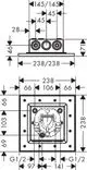 Axor-Duschkopf mit quadratischem Design, Montageplatte und mehreren Anschlüssen. Abmessungen und Bohrlöcher sind für die Installation erkennbar.